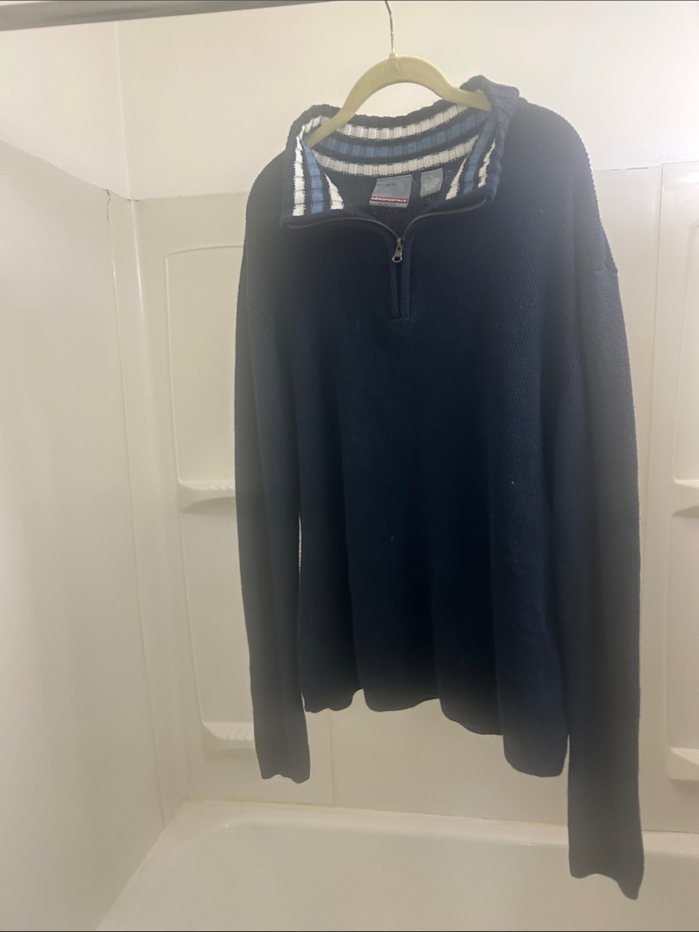 Aeropostale Navy Half-Zip Sweater with Striped Collar